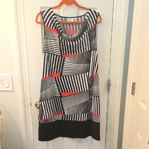 Kim Rogers Black and White Shift Dress with Coral Highlights Size L (0728C)